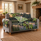 Luna Moth Sweetgum Pond Sofa Cover. Flat printed single luna moth, diagonal sweetgum twig, veined leaves and quiet dusk reed pond.