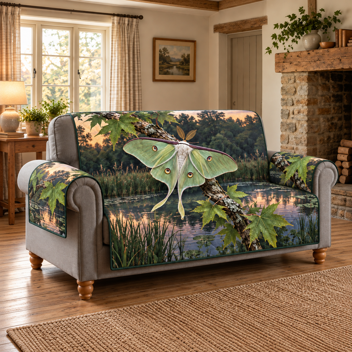 Luna Moth Sweetgum Pond Sofa Cover. Flat printed single luna moth, diagonal sweetgum twig, veined leaves and quiet dusk reed pond.