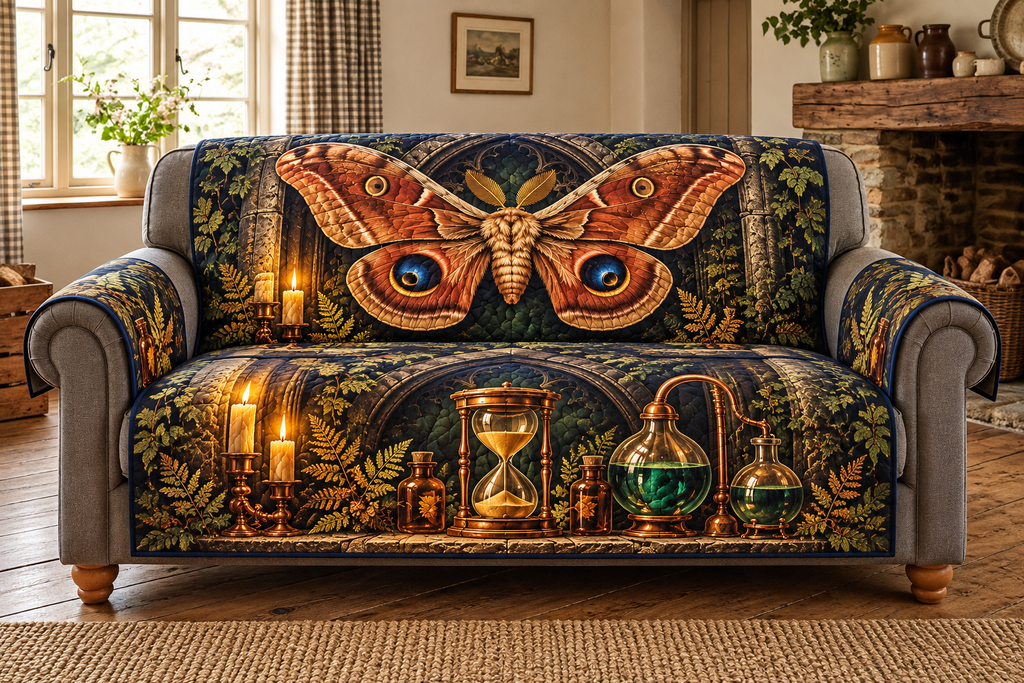 Polyphemus Moth Alchemist Hourglass Sofa Cover with flat printed eyespotted moth, copper hourglass and layered Gothic laboratory.