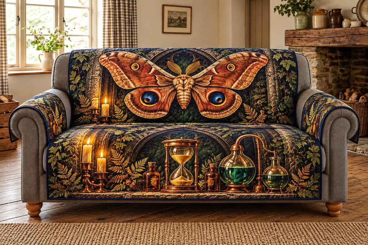 Polyphemus Moth Alchemist Hourglass Sofa Cover with flat printed eyespotted moth, copper hourglass and layered Gothic laboratory.