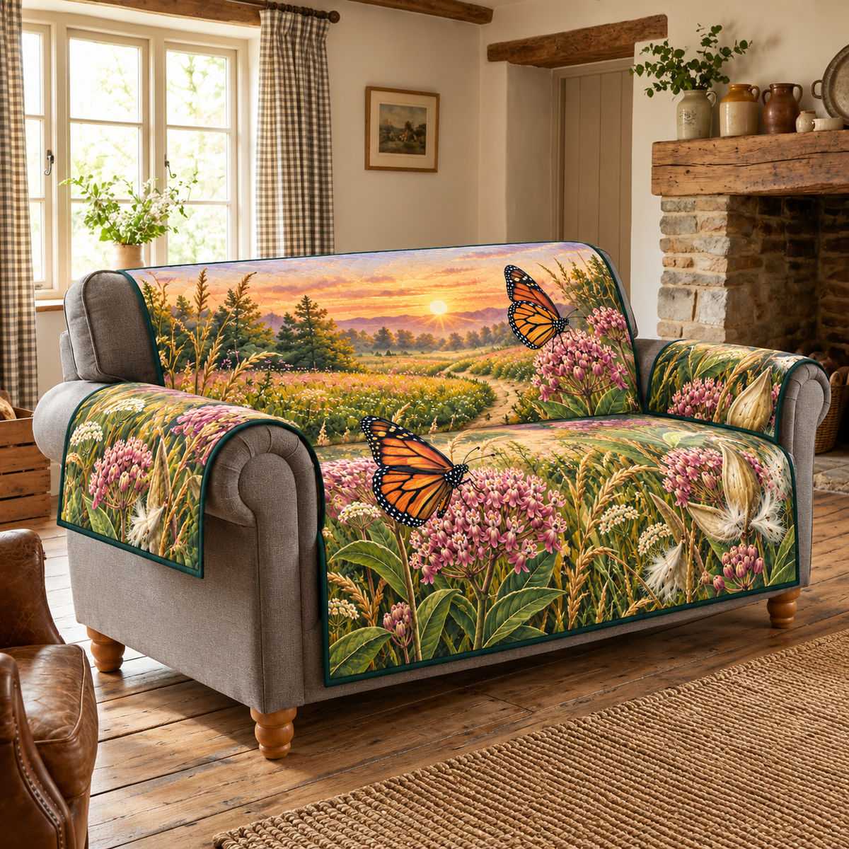 Monarch Milkweed Meadow Sofa Cover. Flat printed botanical perspective on one continuous quilted sofa protector.