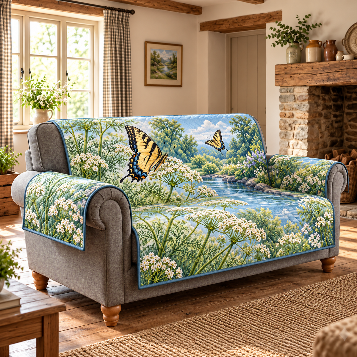 Swallowtail Fennel Stream Sofa Cover. Flat printed botanical perspective on one continuous quilted sofa protector.
