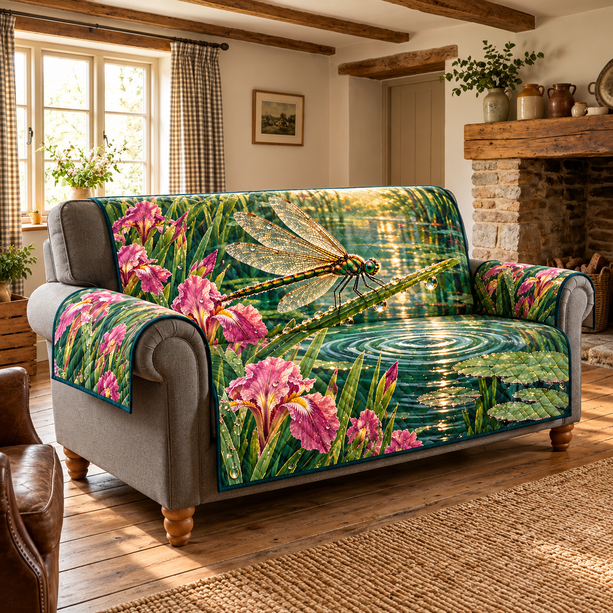 Dragonfly Dewdrop Pond Sofa Cover. Flat printed four-wing dragonfly and iris pond on one quilted sofa protector.