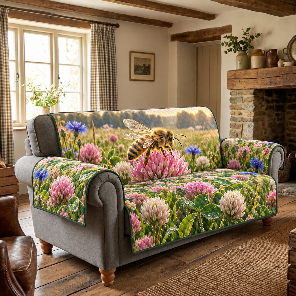 Honeybee Clover Dew Meadow Sofa Cover. Flat printed honeybee on pink clover in a dew-lit meadow.