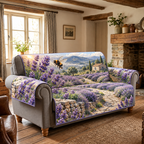 Bumblebee Lavender Terrace Sofa Cover. Flat printed side-flight bumblebee, lavender and terraced stone garden path.