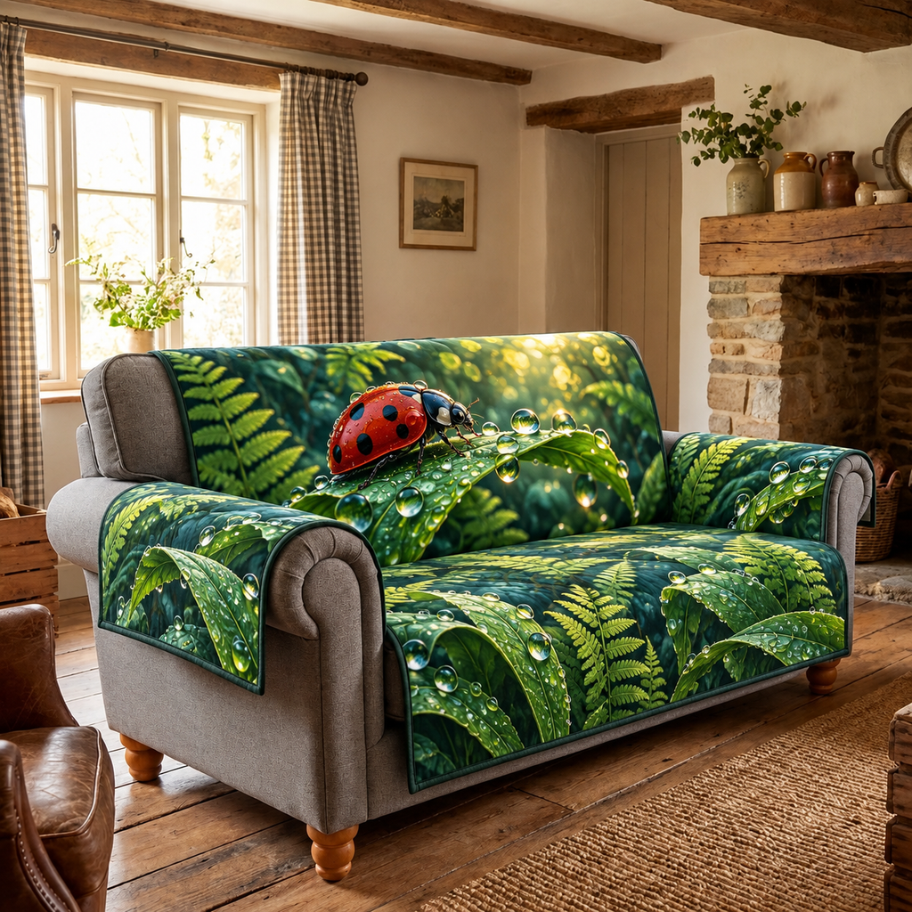 Ladybug Dew Leaf Garden Sofa Cover with flat printed red ladybug, emerald leaves and transparent dew.