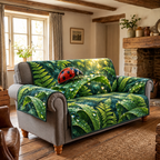 Ladybug Dew Leaf Garden Sofa Cover with flat printed red ladybug, emerald leaves and transparent dew.