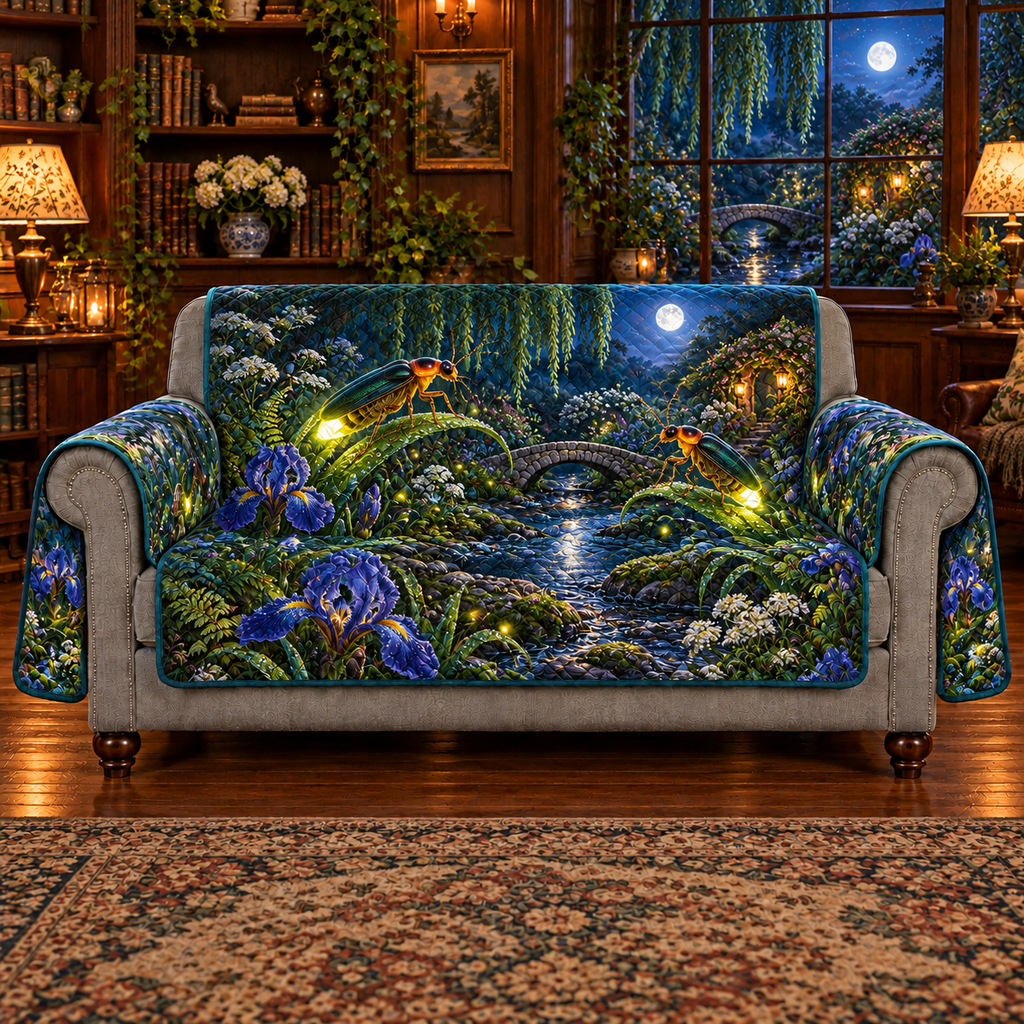 Two glowing fireflies and a moonlit iris stream garden printed on a sofa protector with two outside arm flaps; gray arm fronts and base exposed.