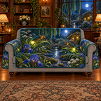 Two glowing fireflies and a moonlit iris stream garden printed on a sofa protector with two outside arm flaps; gray arm fronts and base exposed.