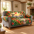 Hummingbird Trumpet Arch Sofa Cover. Flat printed birds and orange flowering arch on one quilted protector with two arm flaps.