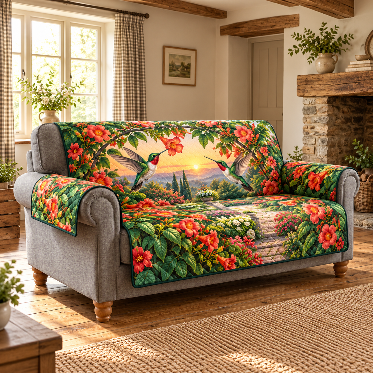 Hummingbird Trumpet Arch Sofa Cover. Flat printed birds and orange flowering arch on one quilted protector with two arm flaps.