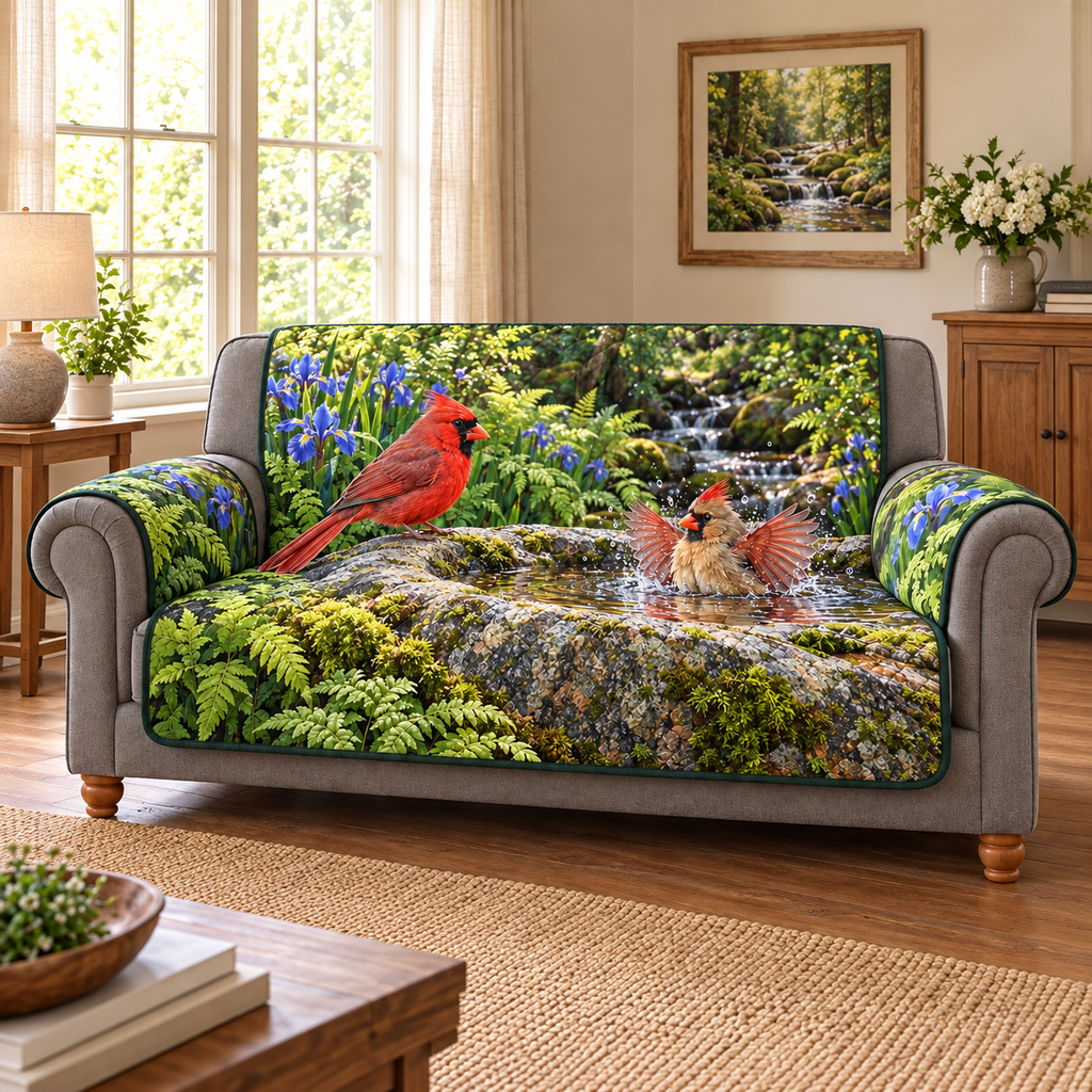 Cardinal Boulder Bath Woodland Sofa Cover. Flat printed male and bathing female cardinals at a mossy boulder basin with irises and woodland stream.