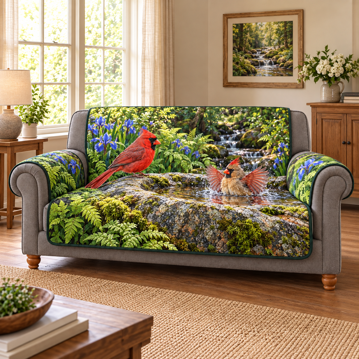 Cardinal Boulder Bath Woodland Sofa Cover. Flat printed male and bathing female cardinals at a mossy boulder basin with irises and woodland stream.