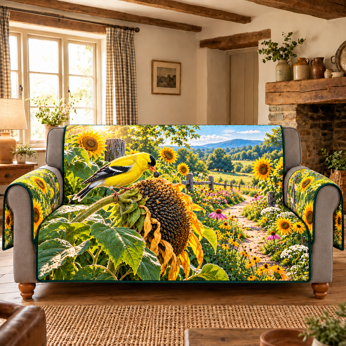 Goldfinch Sunflower Meadow Sofa Cover. Flat printed seed-feeding goldfinch and mature sunflower with curled petals, leaves and receding meadow path.