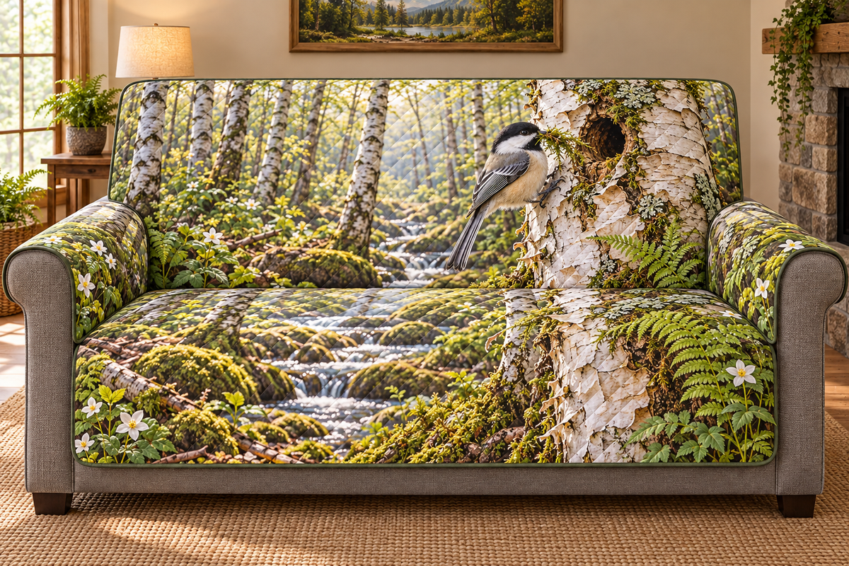 Chickadee Birch Nest Builder Sofa Cover with flat printed moss-carrying chickadee at a birch nest cavity and receding woodland.