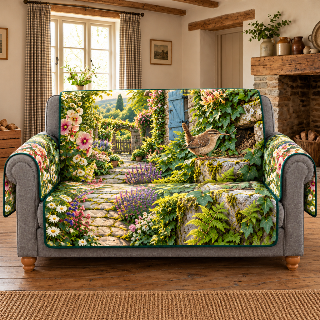 Wren Cottage Nesting Twig Sofa Cover with flat printed brown wren carrying twig beside ivy stone nest crevice and layered cottage garden.