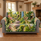 Wren Cottage Nesting Twig Sofa Cover with flat printed brown wren carrying twig beside ivy stone nest crevice and layered cottage garden.