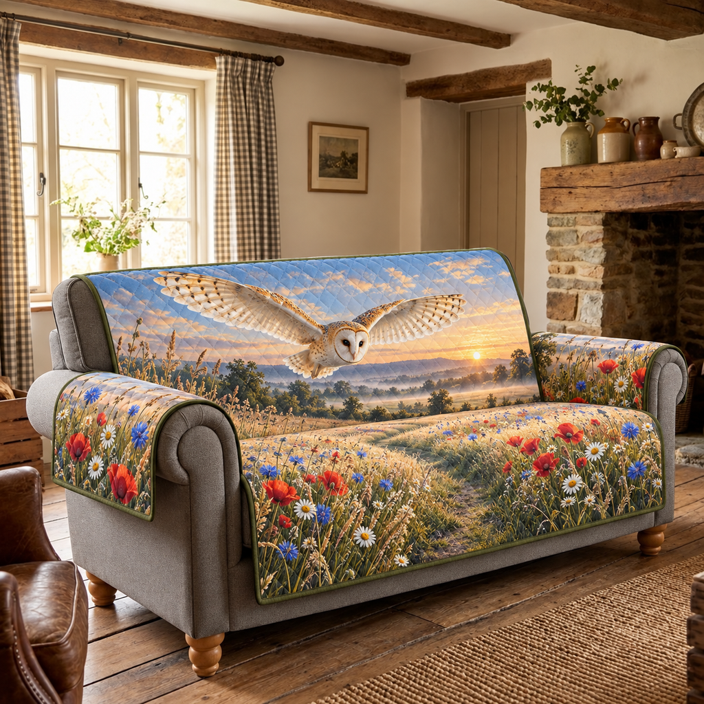 Barn Owl Dawn Meadow Flight Sofa Cover. Flat printed barn owl gliding above poppy and daisy meadow.