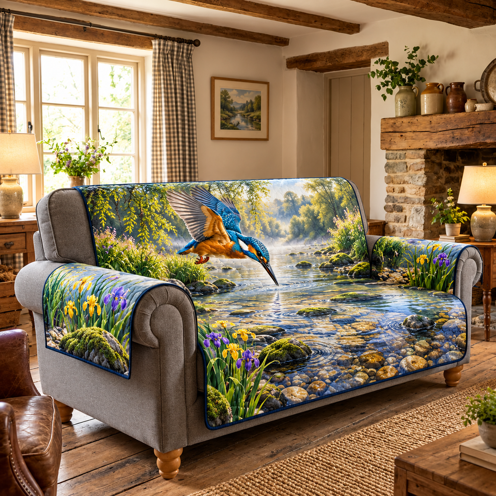 Kingfisher River Dive Sofa Cover with flat printed diving blue-orange bird, willow banks, clear pebbled river and irises.