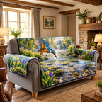 Kingfisher River Dive Sofa Cover with flat printed diving blue-orange bird, willow banks, clear pebbled river and irises.