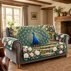 Peacock Camellia Garden Fan Sofa Cover. Flat printed standing peacock display fan among camellias and mossy steps.