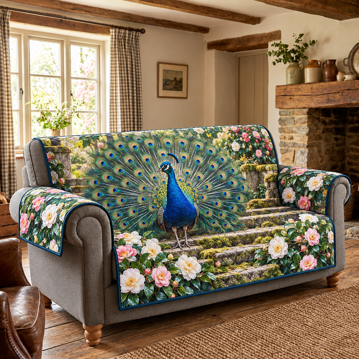 Peacock Camellia Garden Fan Sofa Cover. Flat printed standing peacock display fan among camellias and mossy steps.