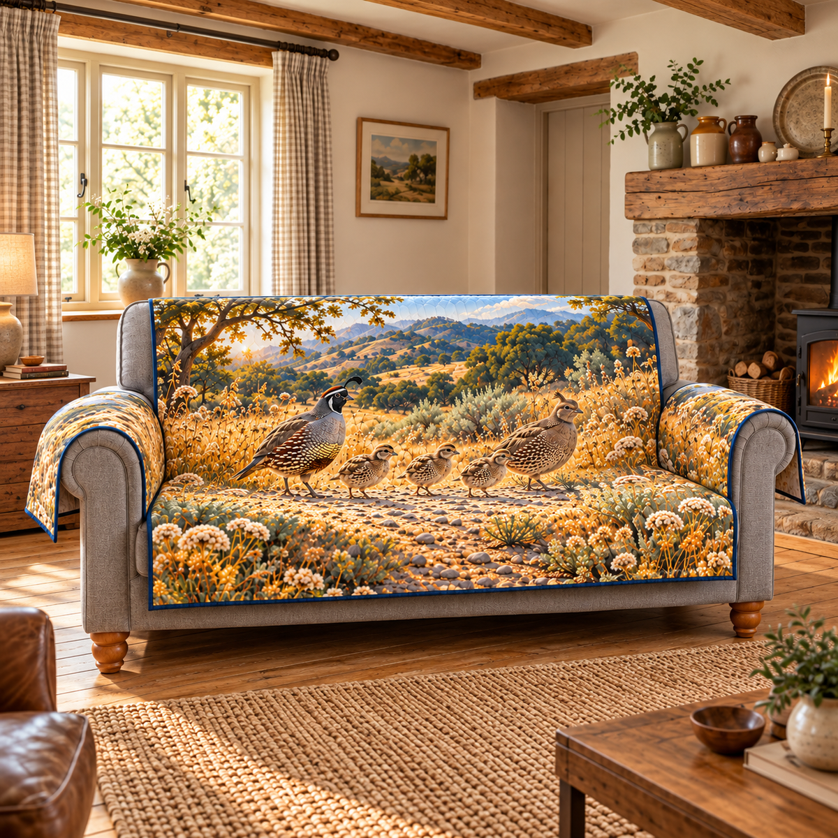 Quail Family Oak Meadow Sofa Cover. Flat printed two adult quail and three chicks crossing a meadow path.