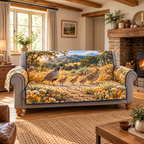Quail Family Oak Meadow Sofa Cover. Flat printed two adult quail and three chicks crossing a meadow path.