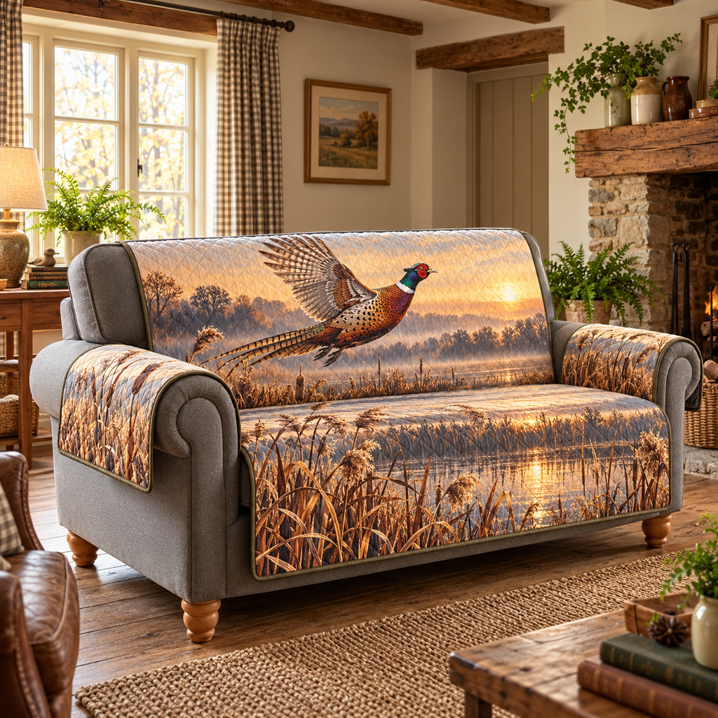 Pheasant Flight Reed Marsh Sofa Cover with flat printed bird, layered reeds and reflected sunrise water.