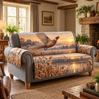 Pheasant Flight Reed Marsh Sofa Cover with flat printed bird, layered reeds and reflected sunrise water.