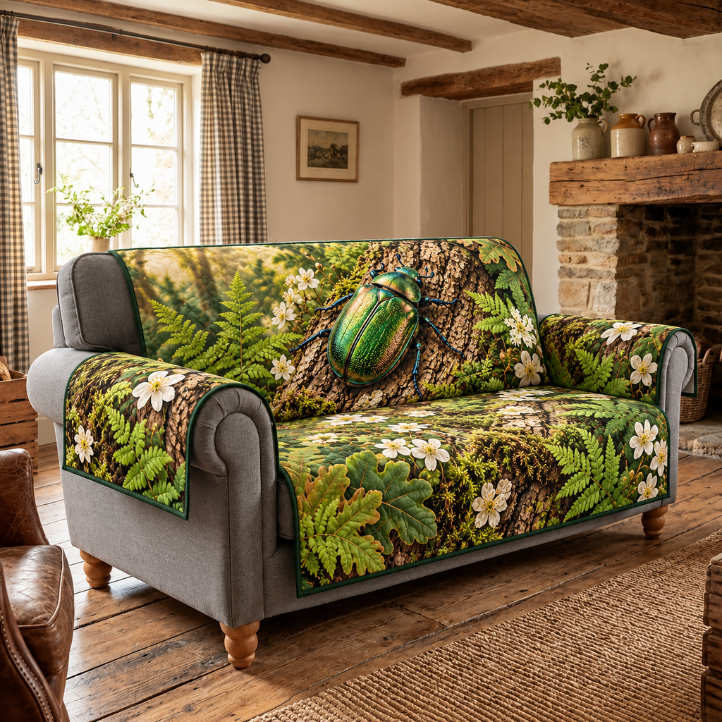 Emerald Beetle Fern Study Sofa Cover with flat printed green beetle on textured oak bark and ferns.