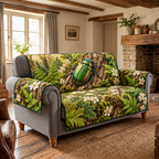 Emerald Beetle Fern Study Sofa Cover with flat printed green beetle on textured oak bark and ferns.