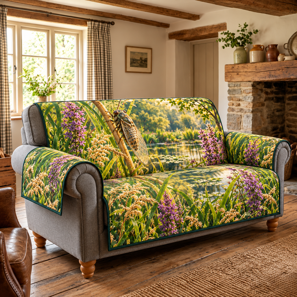 Cicada Reed Summer Pond Sofa Cover with flat printed cicada, veined folded wings, grasses and layered pond.