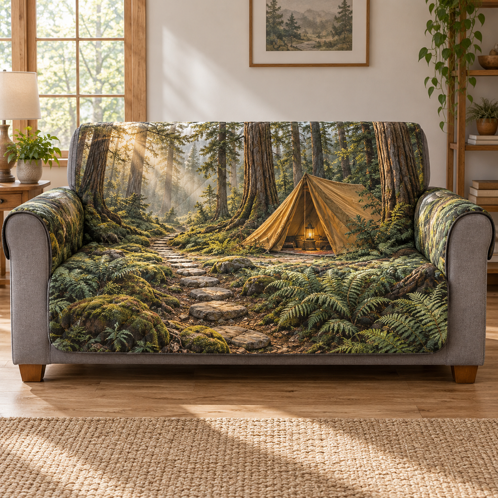 An ochre canvas-style A-frame tent with a glowing lantern stands beside a winding stone trail in a cedar forest clearing. Detailed bark, mossy roots, ferns and receding trees frame shafts of warm morning light. Canvas folds, layered foliage and shaded stones create strong optical depth entirely within flat printed artwork. No actual tent, lantern, lighting, plants, moss, stones or raised scenic pieces are attached. Room furnishings and styling are not included.