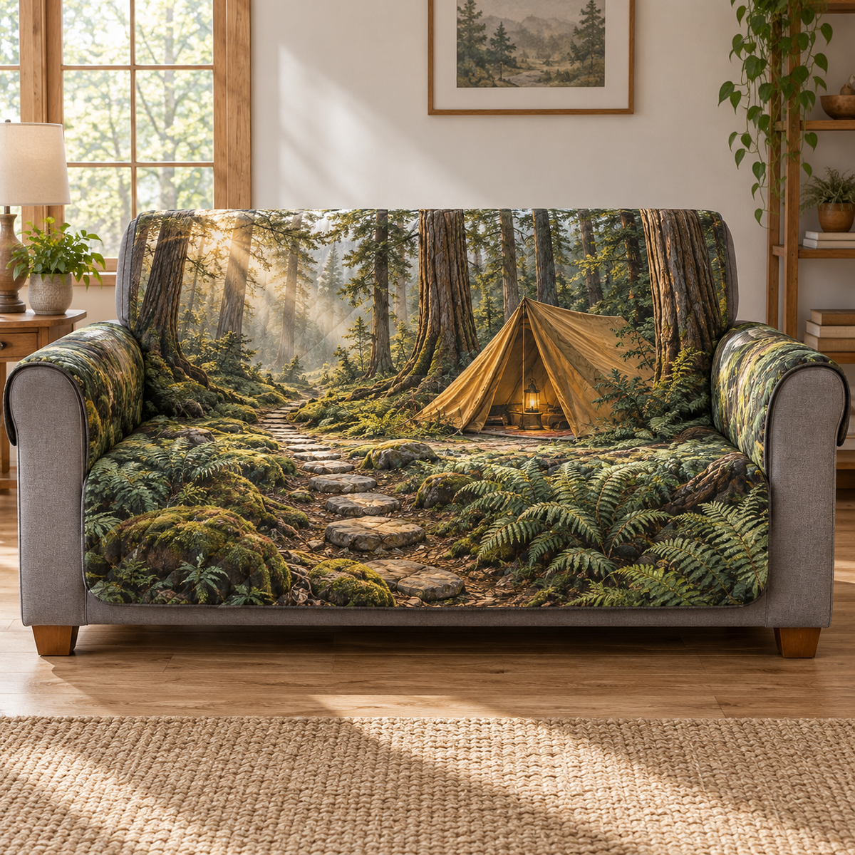 An ochre canvas-style A-frame tent with a glowing lantern stands beside a winding stone trail in a cedar forest clearing. Detailed bark, mossy roots, ferns and receding trees frame shafts of warm morning light. Canvas folds, layered foliage and shaded stones create strong optical depth entirely within flat printed artwork. No actual tent, lantern, lighting, plants, moss, stones or raised scenic pieces are attached. Room furnishings and styling are not included.