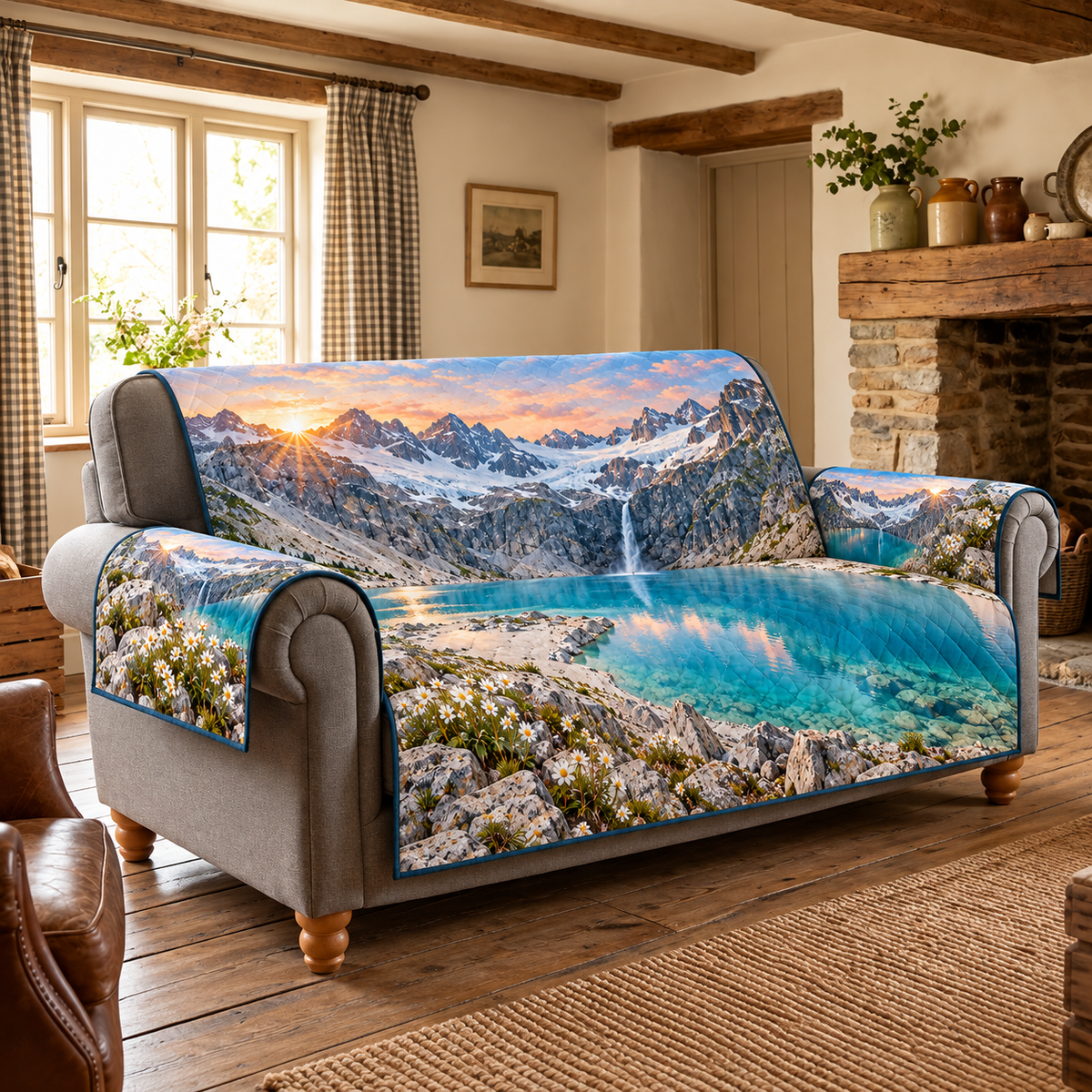 Alpine Cirque Lake Sofa Cover. Flat printed optical depth; room styling not included.