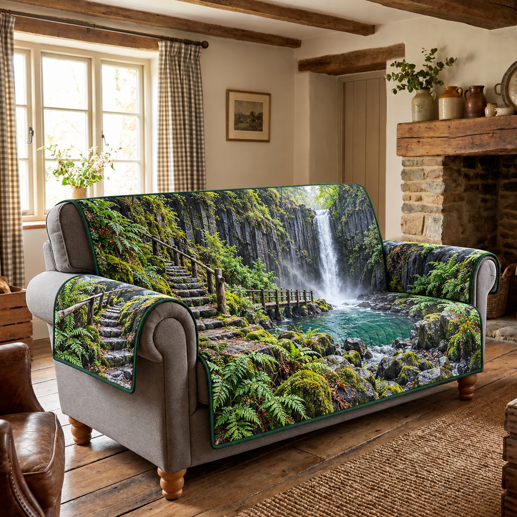 Basalt Gorge Waterfall Trail Sofa Cover. Flat printed basalt gorge, waterfall, fern stair trail and timber-railed walkway.