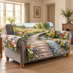 Wildflower Brook Boardwalk Sofa Cover. Flat printed curved wooden boardwalk, transparent brook, wildflowers and willow meadow.