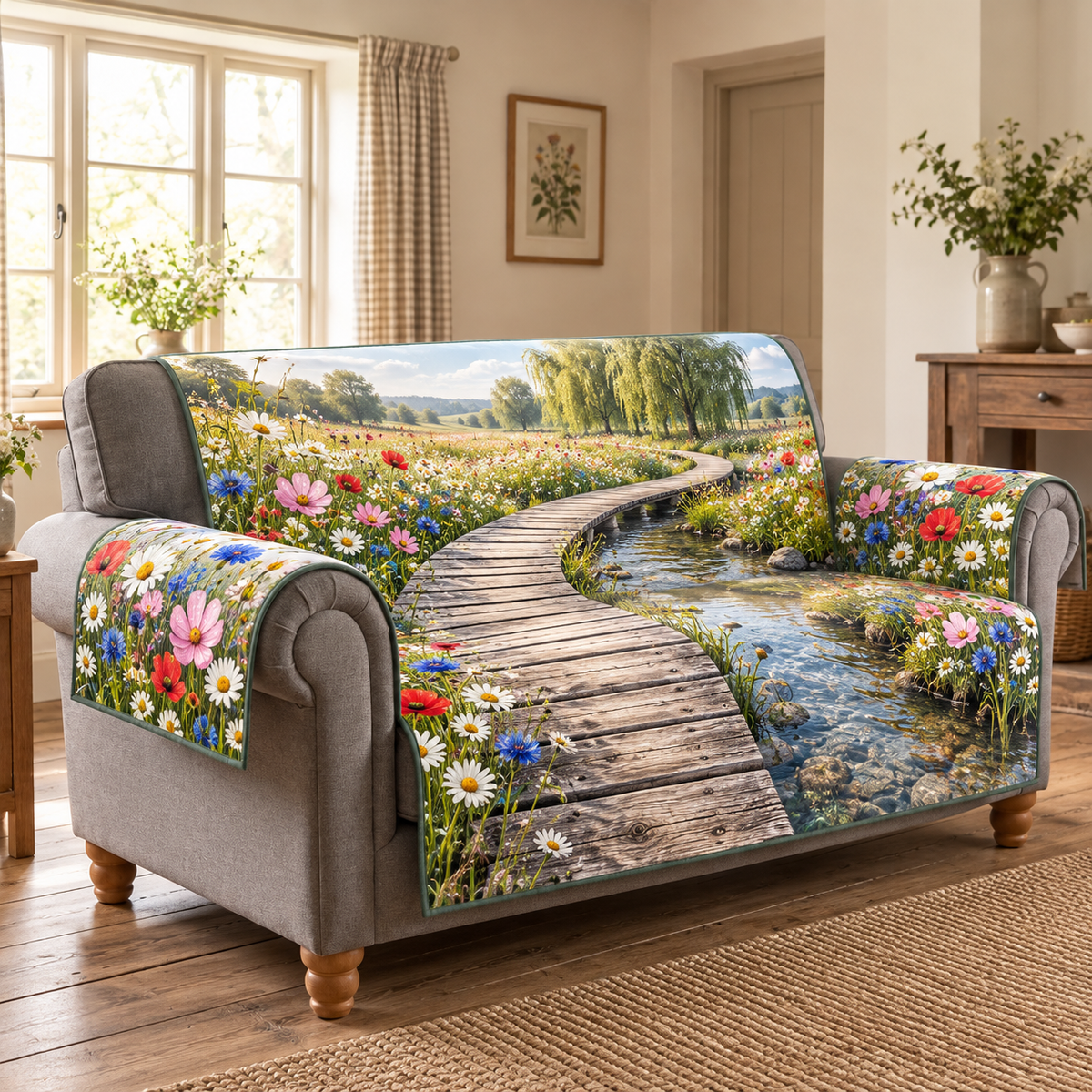 Wildflower Brook Boardwalk Sofa Cover. Flat printed curved wooden boardwalk, transparent brook, wildflowers and willow meadow.