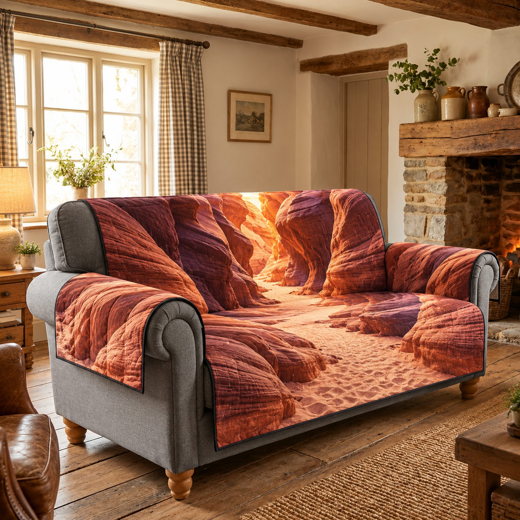 Sunset Sandstone Passage Sofa Cover with flat printed layered canyon walls and pale sandy passage.