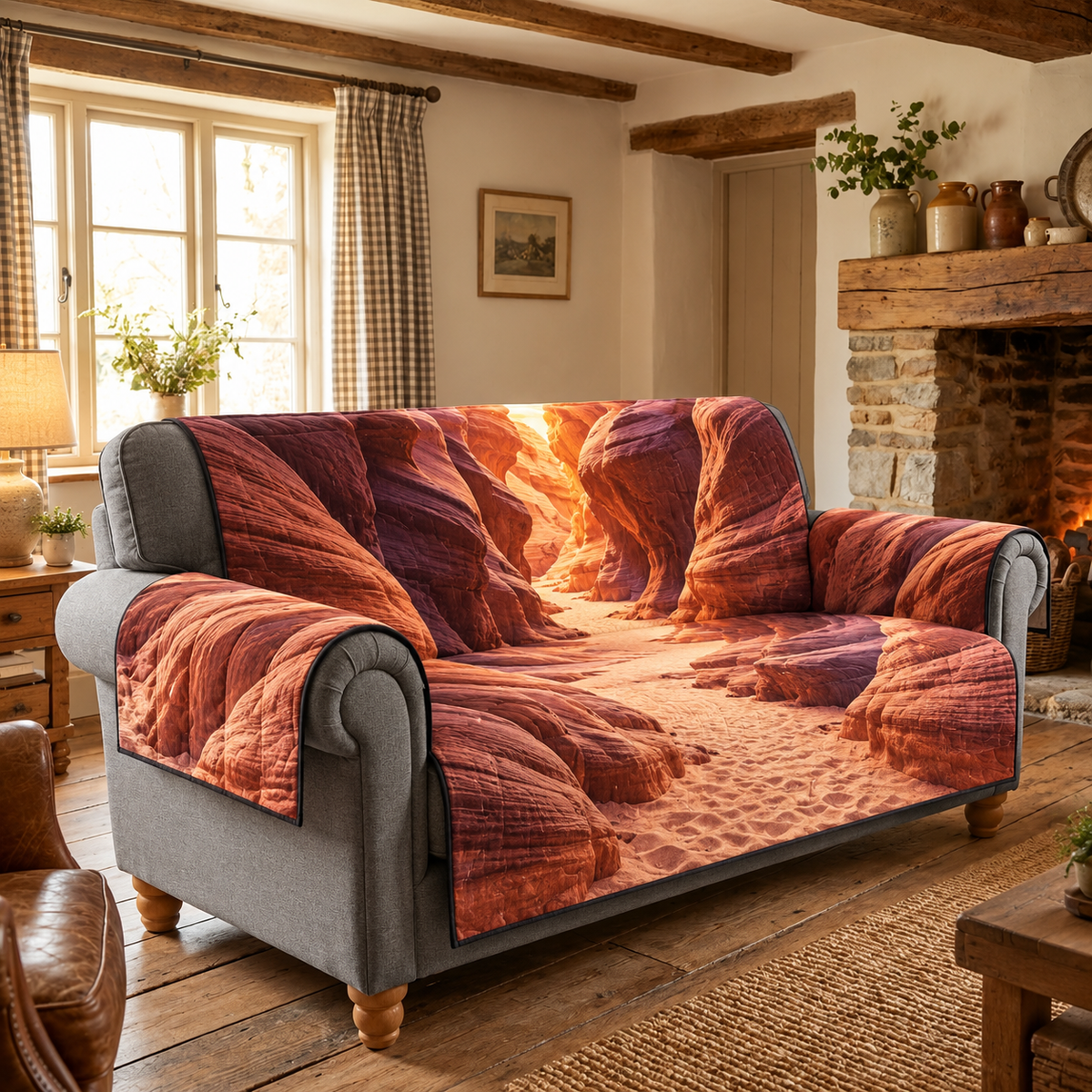 Sunset Sandstone Passage Sofa Cover with flat printed layered canyon walls and pale sandy passage.