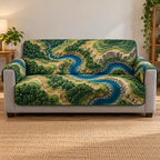 Full gray sofa with thin green-bound cover showing fictional blue river and layered green sandstone terrain, flat printed relief