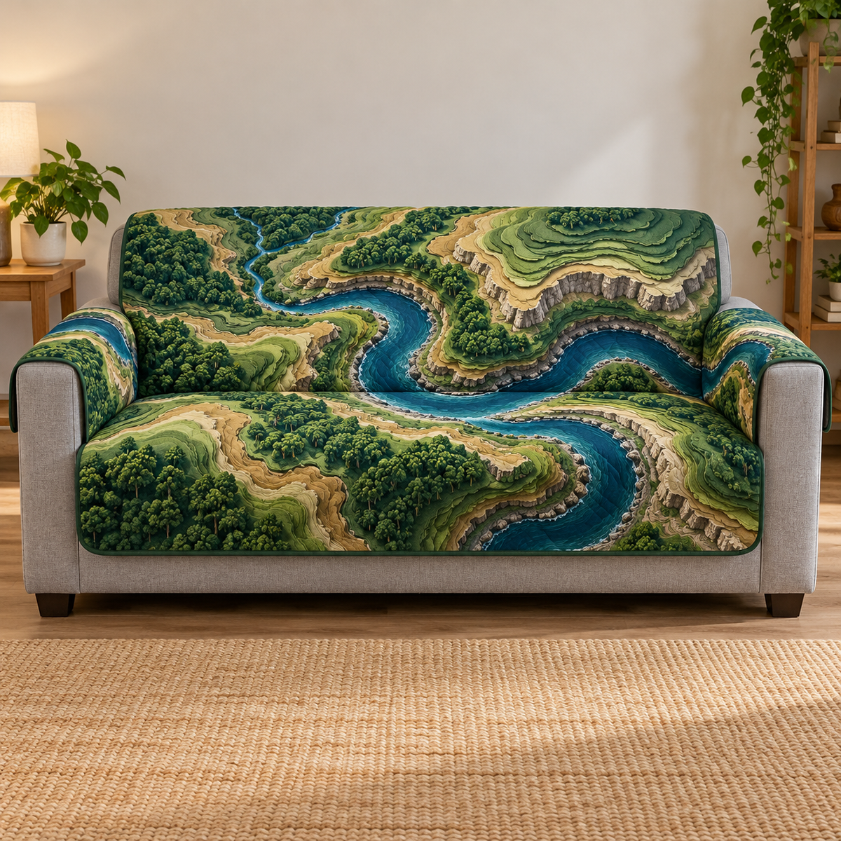 Full gray sofa with thin green-bound cover showing fictional blue river and layered green sandstone terrain, flat printed relief