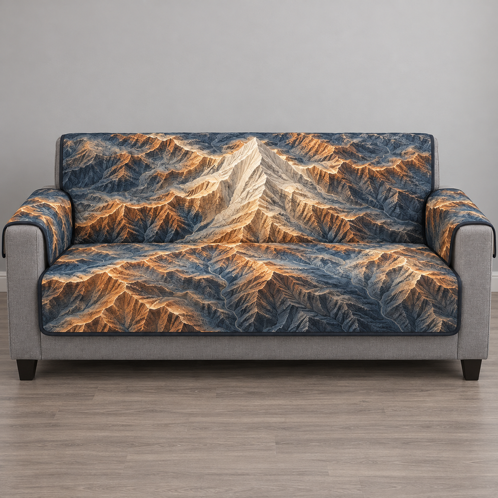 Full gray sofa with thin cover showing fictional ivory mountain summit, copper ridges and slate-blue contour valleys, flat printed relief