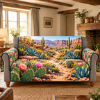 Thin protective sofa cover with flat printed winding sand path between blooming cactus and agave toward sandstone canyon