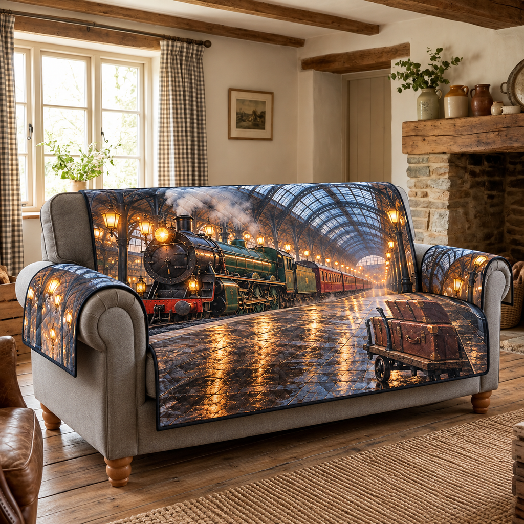 Glass Canopy Steam Departure Sofa Cover. Flat printed steam locomotive, luggage trolley and deep iron-glass station canopy.