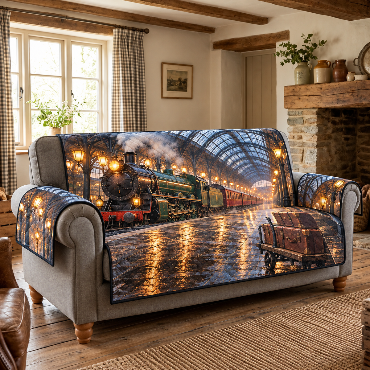 Glass Canopy Steam Departure Sofa Cover. Flat printed steam locomotive, luggage trolley and deep iron-glass station canopy.