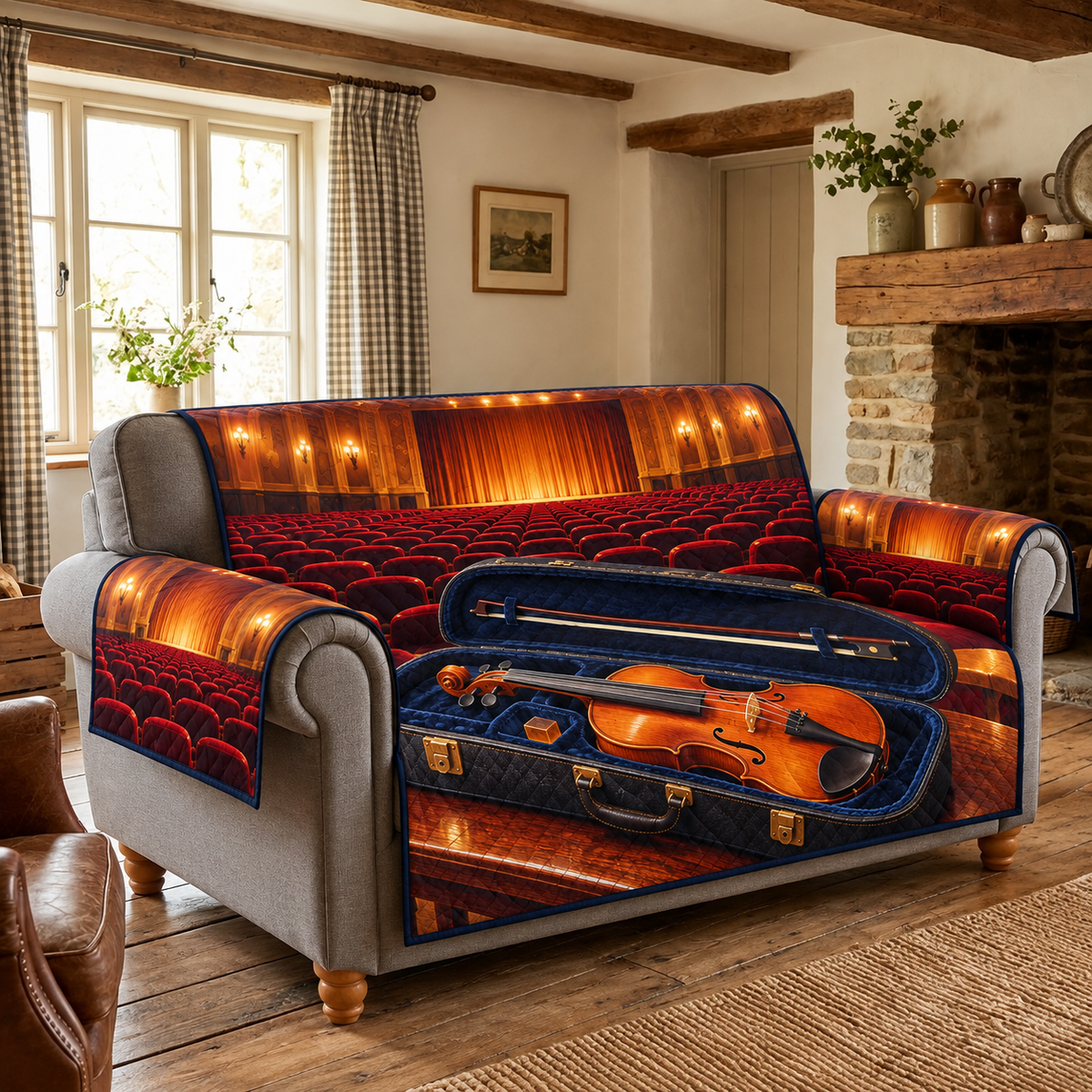 Amber Violin Concert Hall Sofa Cover. Flat printed amber violin in open navy velvet case, bow and receding empty concert hall.