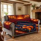 Amber Violin Concert Hall Sofa Cover. Flat printed amber violin in open navy velvet case, bow and receding empty concert hall.