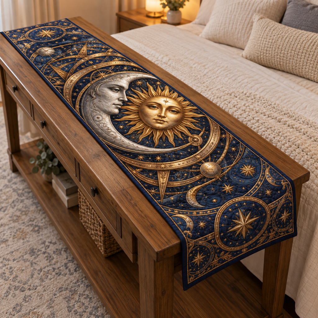 Sun and Moon Bedroom Statement Table Runner with flat printed optical 3D celestial artwork in a bedroom setting